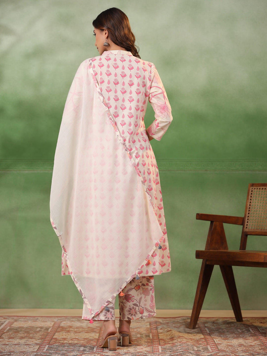 Pure Cotton Pleated A-Line Kurta With Trousers & Dupatta