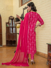 Pink Flower Printed V Neck Cotton Kurta Set
