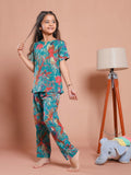 Blue Floral Printed Round Neck Kids Night Suit - SanskrutiHomes 