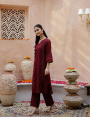 V-Neck Cotton Maroon Kurta Set For Women
