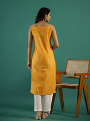 Yellow Square Neck Bandhani Print Cut Sleeves Kurti Set For Women