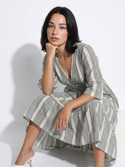 Off White V-Neck Abstract Print Cotton Flared Dress For Women