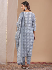 Grey Ethnic Motifs Printed Round Neck Pure Cotton Kurta Trousers Dupatta Set For Women