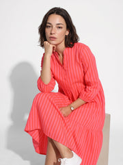 Pink Round Neck Striped Flared Cotton Dress For Women