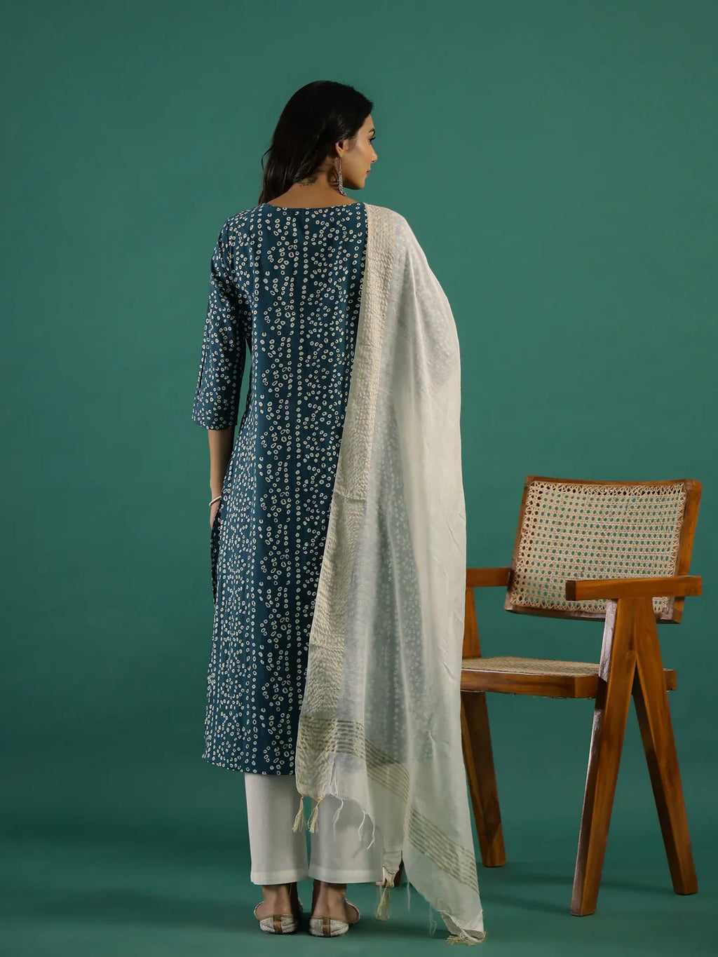 Green Bandhani Print Round Neck Cotton Kurta Set for Women - SanskrutiHomes 