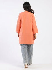 Orange Solid Mandarin Collar Pure Cotton Top For Women