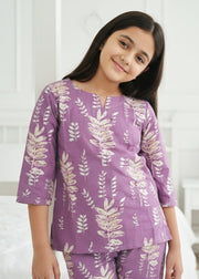 Purple Leaf Print Round Neck Cotton Night Suit Set For Kids