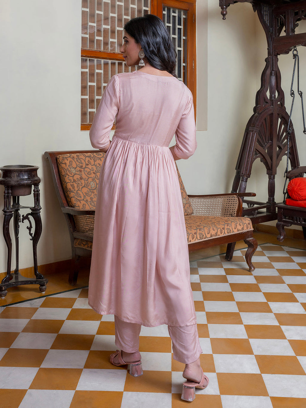 Pink Solid Print Cotton Kurta Set