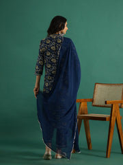 Blue Pure Cotton V-Neck Printed Kurta Set For Women