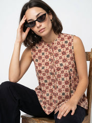 Brown Round Neck Cotton Floral Top for Women