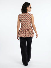 Brown Round Neck Cotton Floral Top for Women