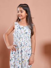 White Floral Printed Round Neck Jump Suit