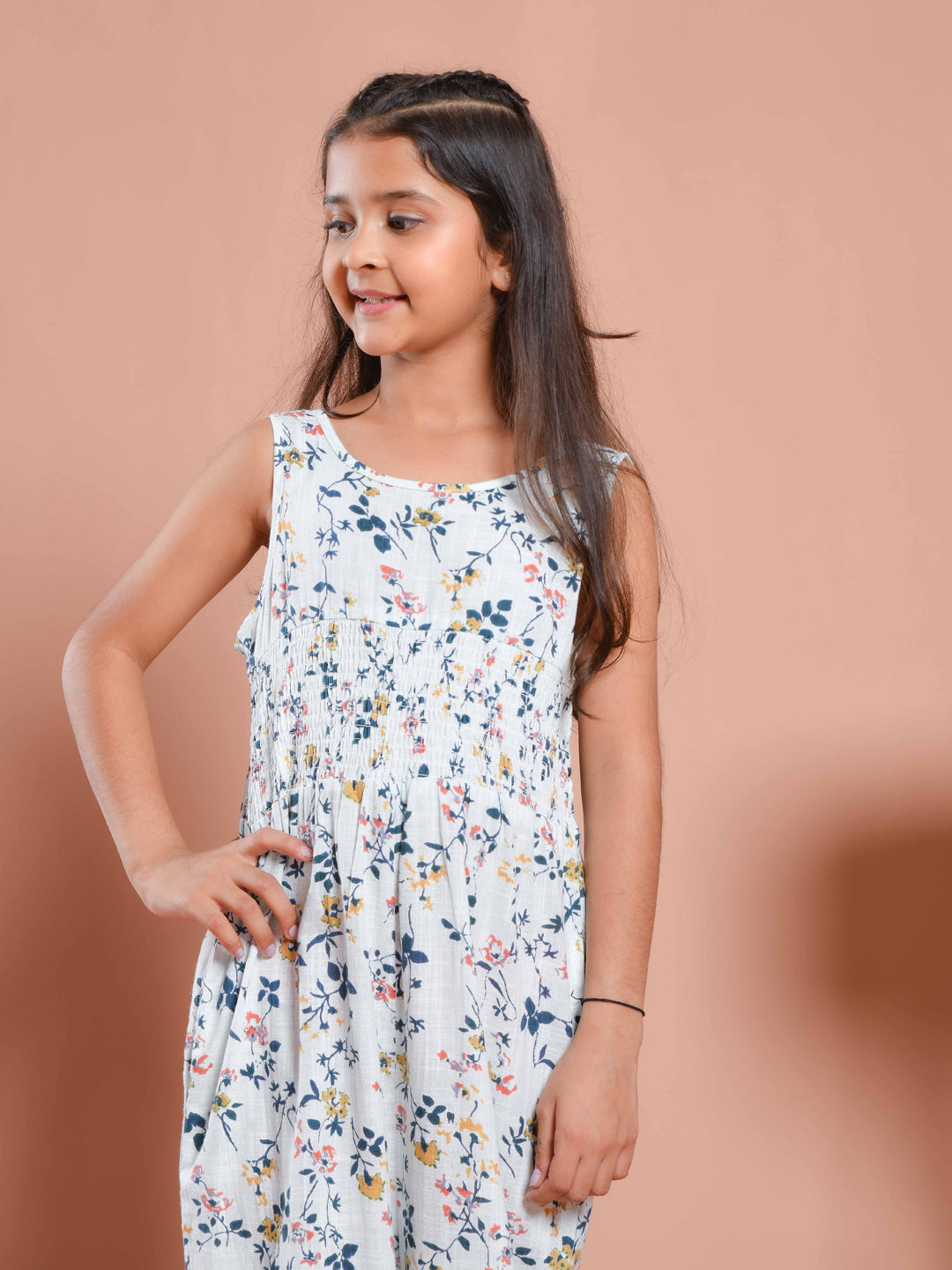 White Floral Printed Round Neck Jump Suit