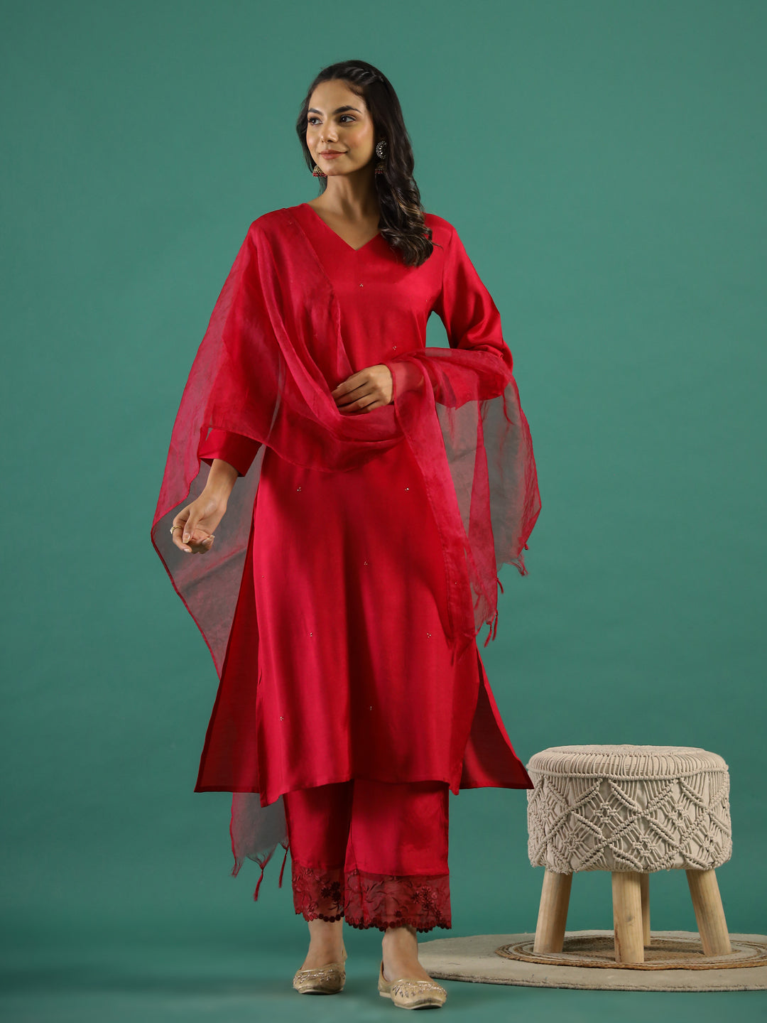 Red V-Neck Solid Sequinned Straight Kurta Set With Dupatta For Women