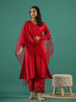 Red V-Neck Solid Sequinned Straight Kurta Set With Dupatta For Women