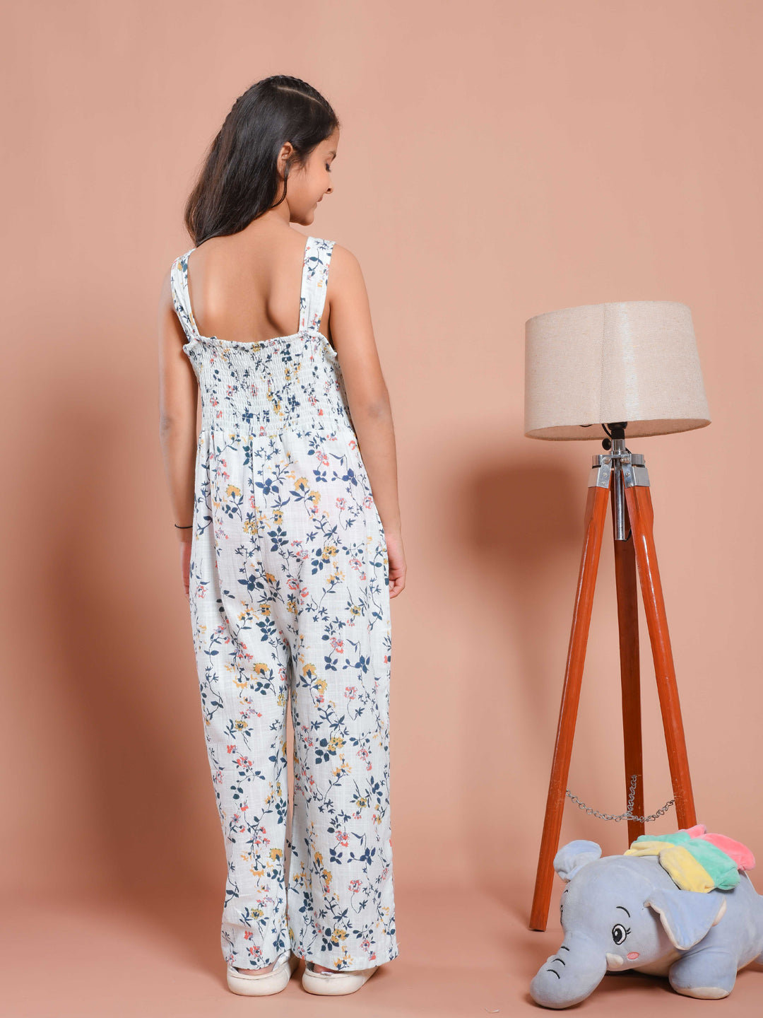 White Floral Printed Round Neck Jump Suit