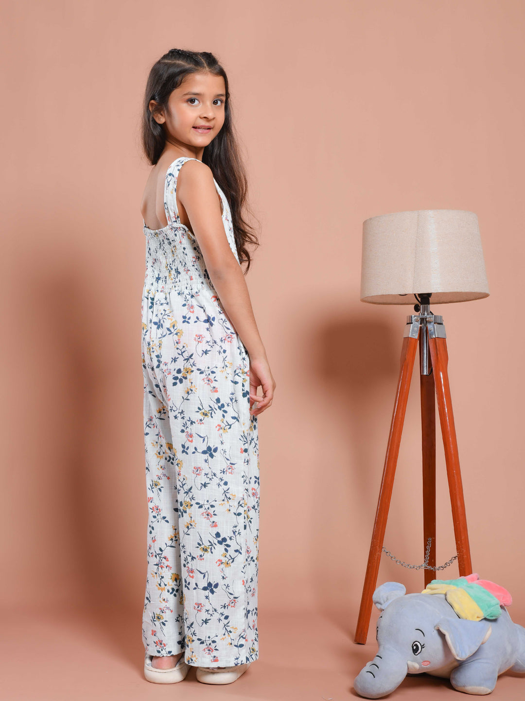 White Floral Printed Round Neck Jump Suit