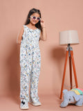 White Floral Printed Round Neck Jump Suit