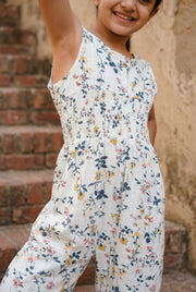 White Round Neck Floral Print Cotton Jumpsuit For Kids