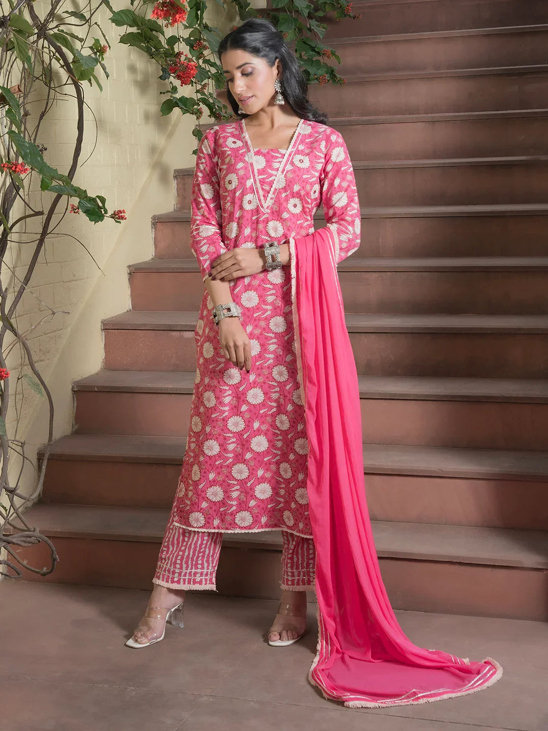 Floral Printed Pure Cotton Straight Kurta With Trousers & Dupatta - SanskrutiHomes 