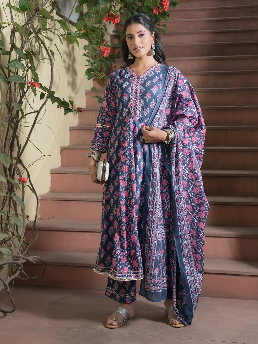 Women set of Pure Cotton 3 pcs Blue Colour Flared Printed Kurta Sets - SanskrutiHomes 