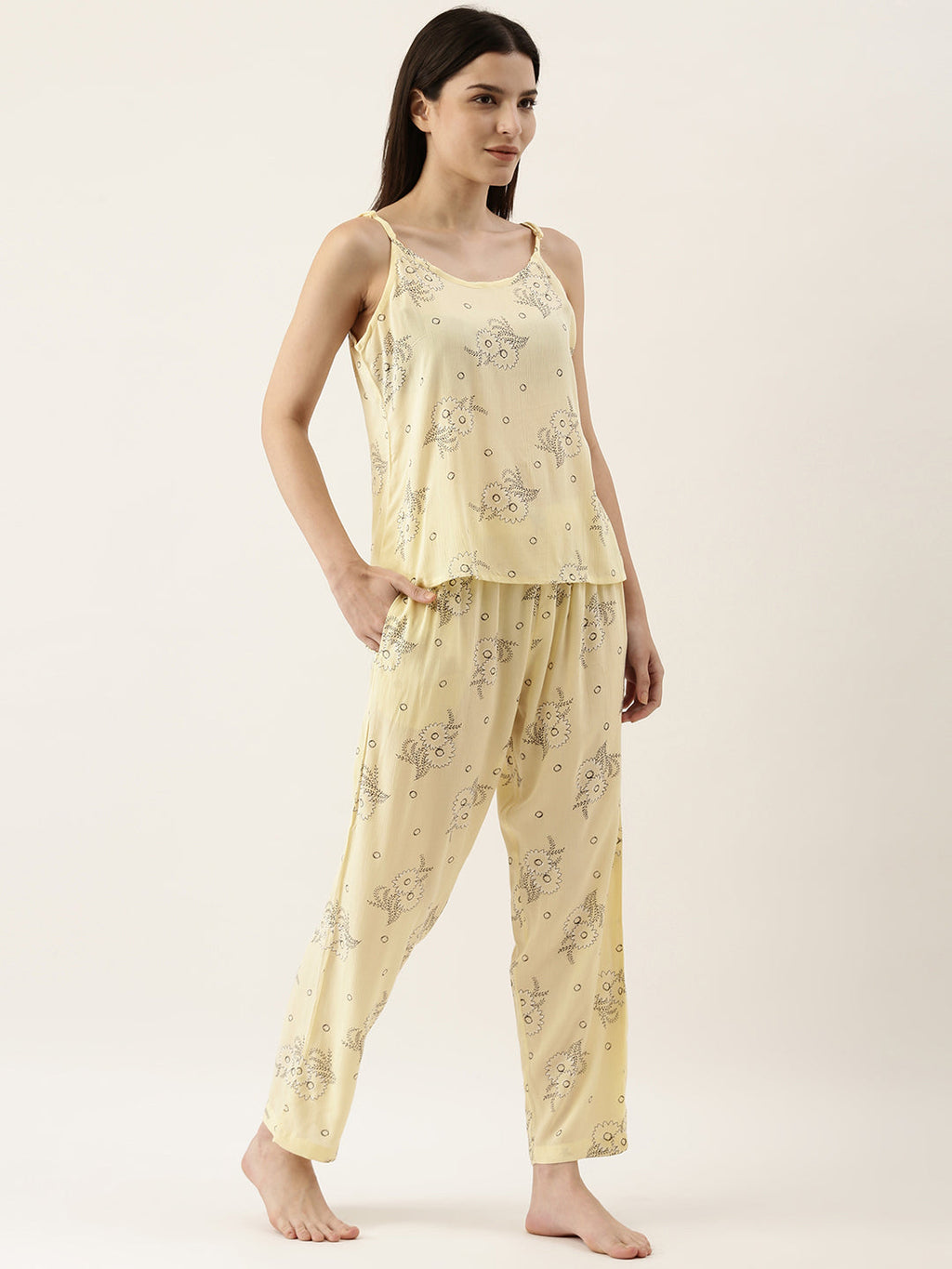 Yellow Rayon Crepe Printed Night Suit Shrug Set
