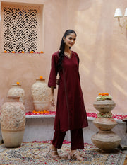 V-Neck Cotton Maroon Kurta Set For Women