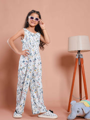 White Floral Printed Round Neck Jump Suit