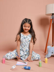 White Floral Printed Round Neck Jump Suit