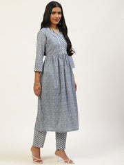 Blue Pure Cotton Floral Printed V-Neck Kurta Set With Dupatta
