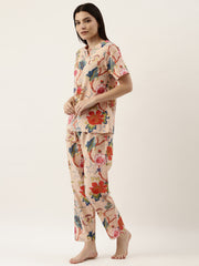 Beige Cotton Printed Night Suit Set With Pajama