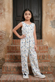 White Round Neck Floral Print Cotton Jumpsuit For Kids