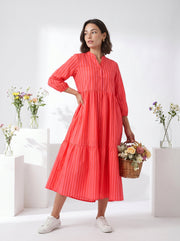 Pink Round Neck Striped Flared Cotton Dress For Women