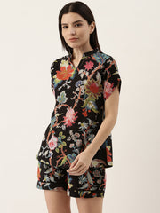 Black Cotton Printed Night Suit Set