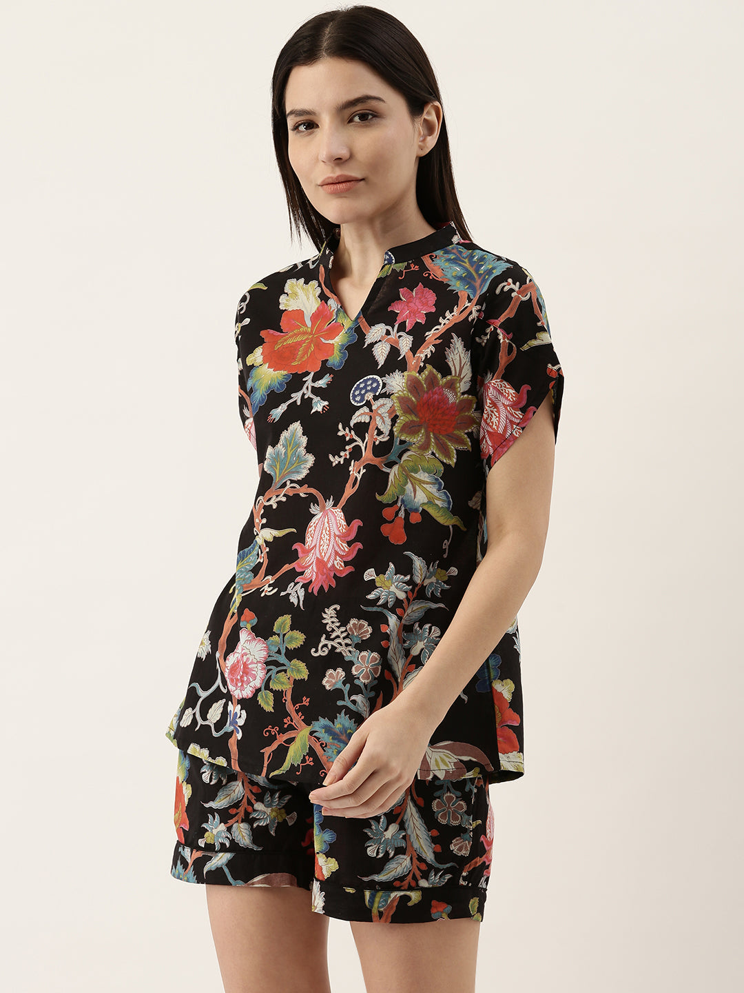 Black Cotton Printed Night Suit Set