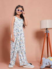 White Floral Printed Round Neck Jump Suit