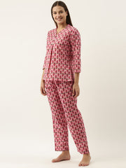 Pink Printed V-Neck Pure Cotton Pyjama Night Suit For Women