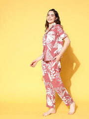 Wine Cotton Printed Night Suit Set with Payjama - SanskrutiHomes 
