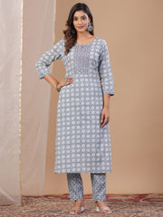 Grey Ethnic Motifs Printed Round Neck Pure Cotton Kurta Trousers Dupatta Set For Women