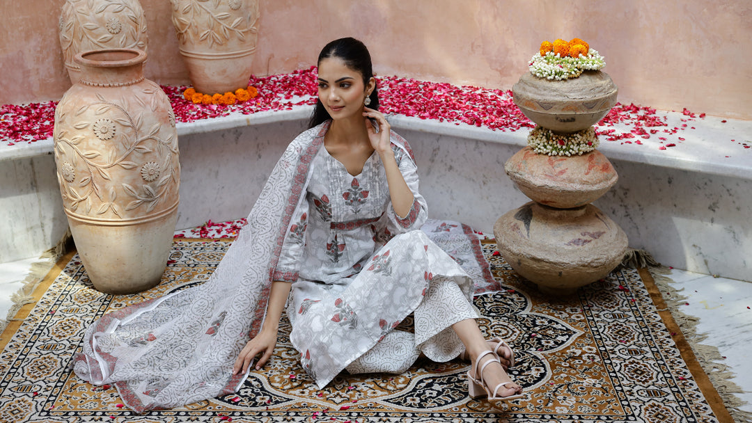 Set Of 3 Floral Printed Cotton Kurta Set