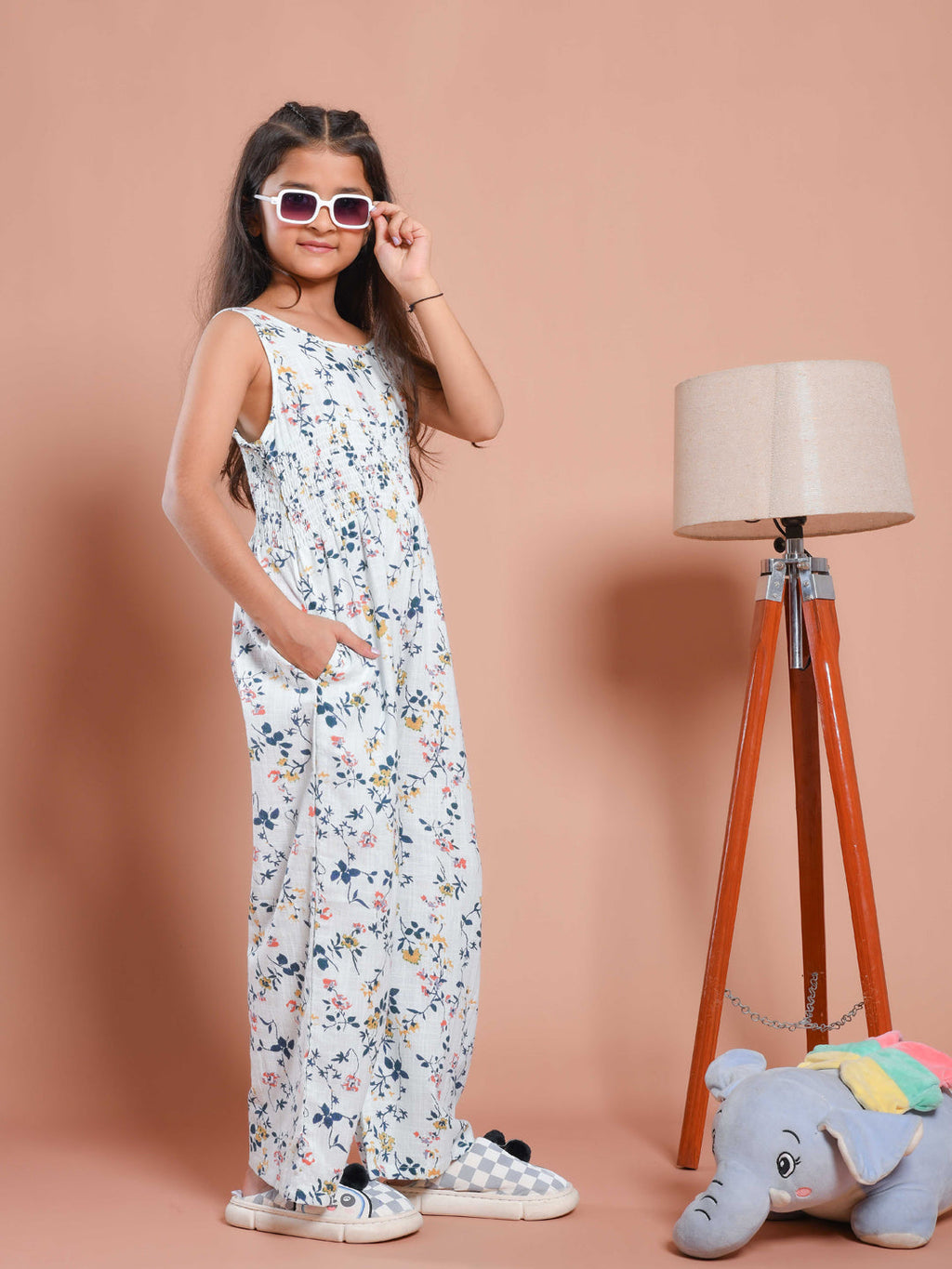 White Floral Printed Round Neck Jump Suit
