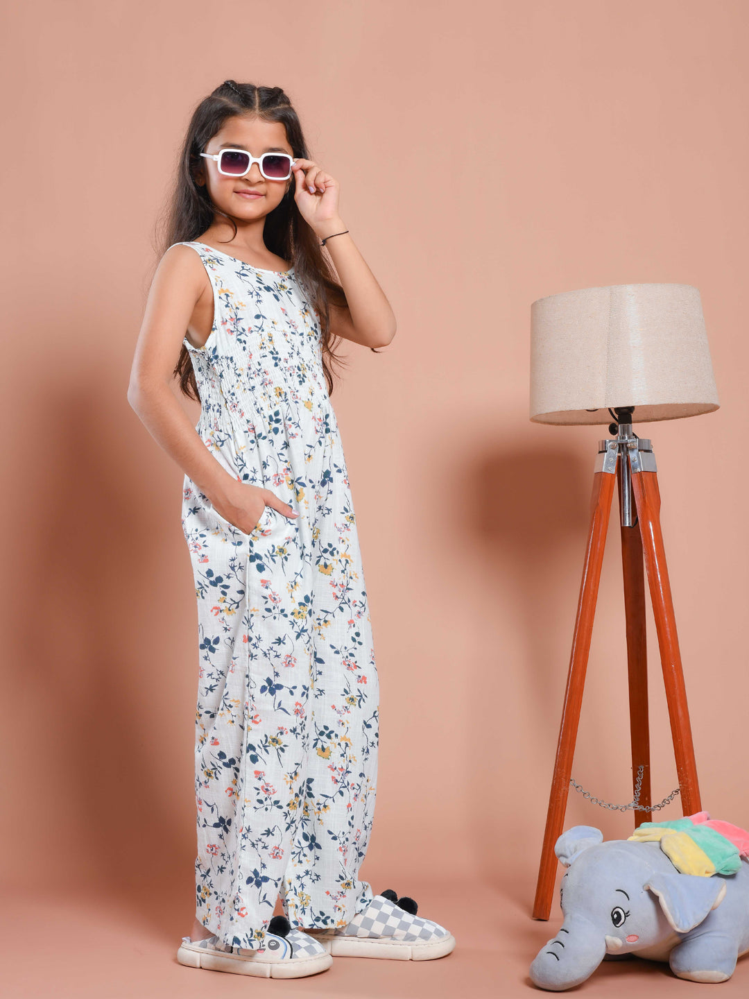 White Floral Printed Round Neck Jump Suit