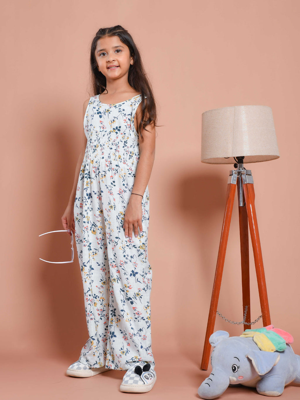 White Floral Printed Round Neck Jump Suit
