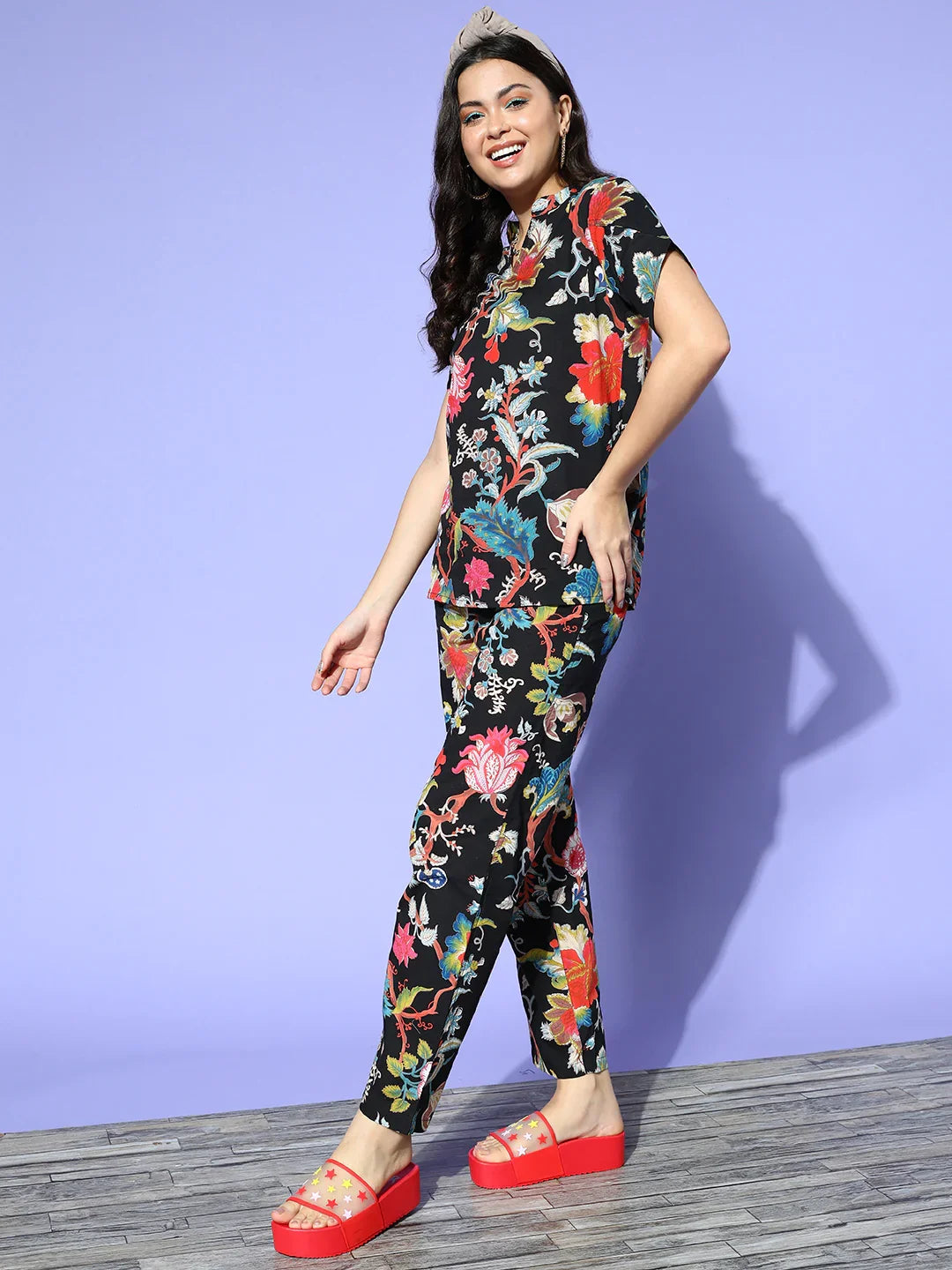 Black Cotton Printed Night Suit Set with Pajama - SanskrutiHomes 