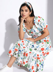 White Round Neck Floral Print Flared Pure Cotton Dress For Women