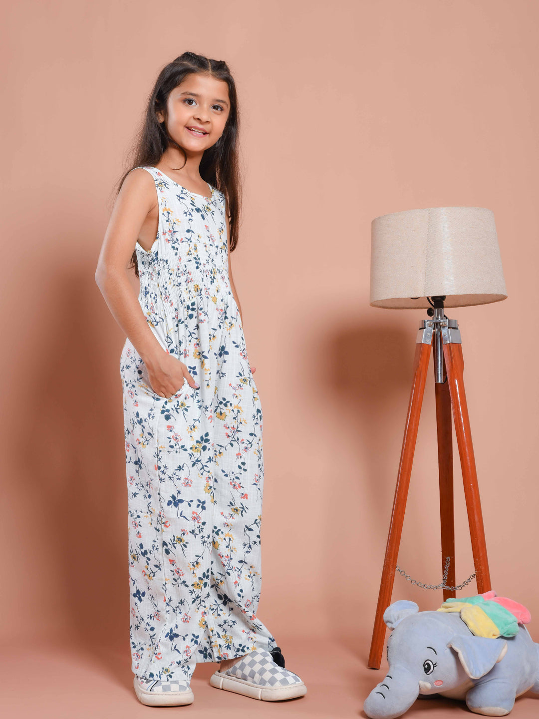 White Floral Printed Round Neck Jump Suit