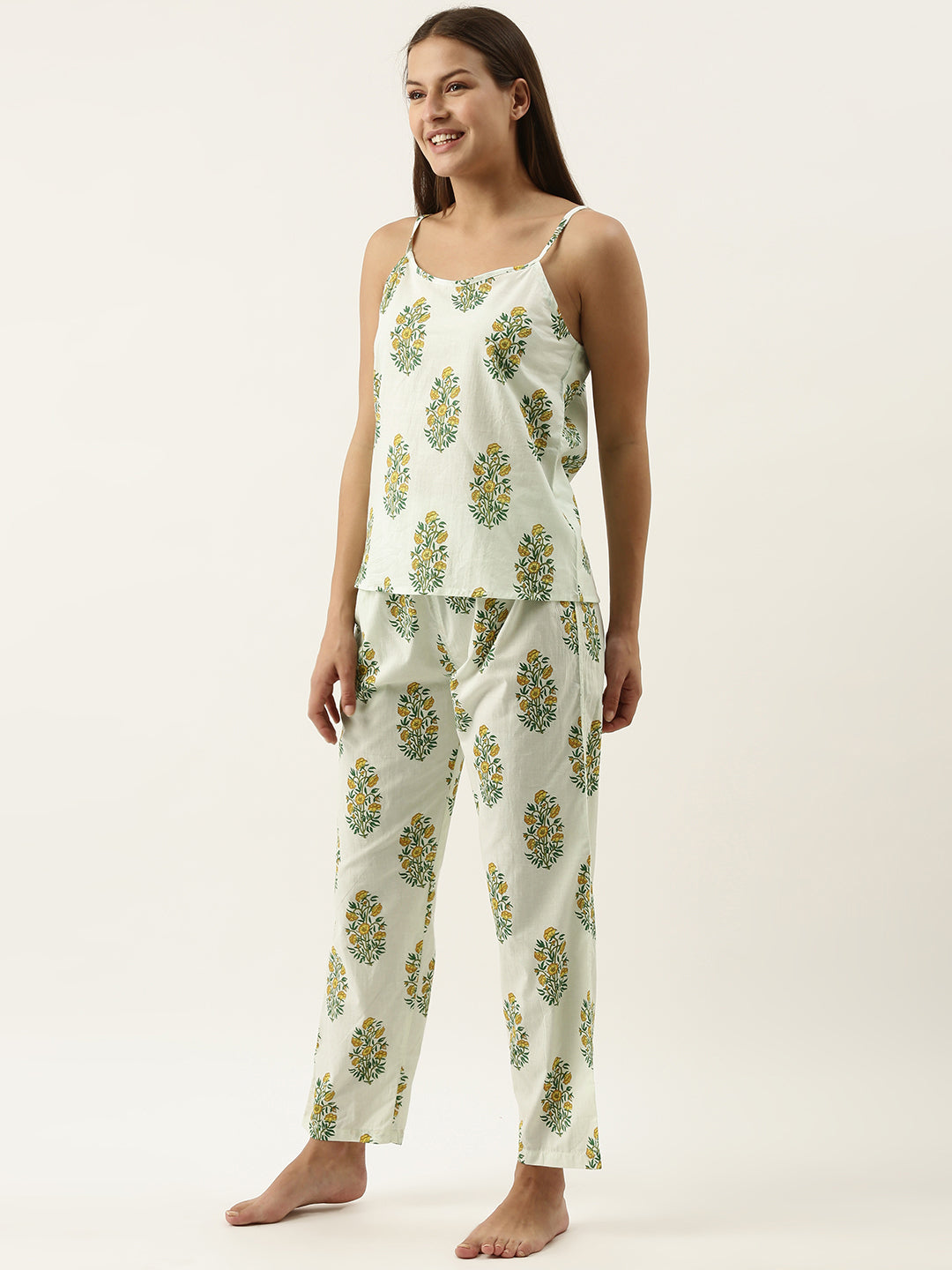 White/Green Cotton Printed Night Suit Shrug Set