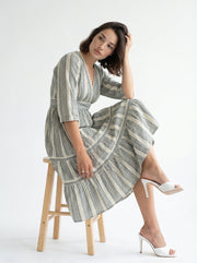 Off White V-Neck Abstract Print Cotton Flared Dress For Women