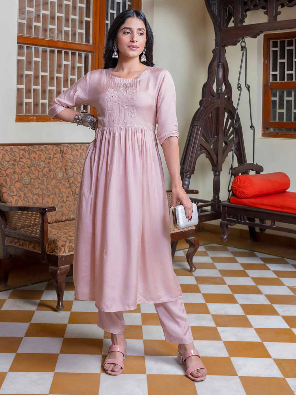 Pink Solid Print Cotton Kurta Set