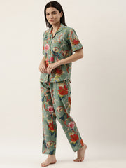 Green Cotton Floral Print Shirt Collar Night Suit Set With Pajama